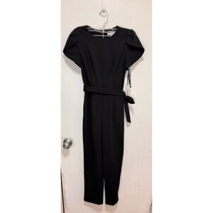 Women’s Black Cropped Jumpsuit Size 4 Belted Gold Zip Workwear Calvin Klein